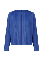 The STARDUST jacket by PLEATS PLEASE ISSEY MIYAKE, featuring long sleeves, royal blue pleats, a voluminous fit, front zipper, and round neckline, is displayed against a white background. - BLUE （no.72）