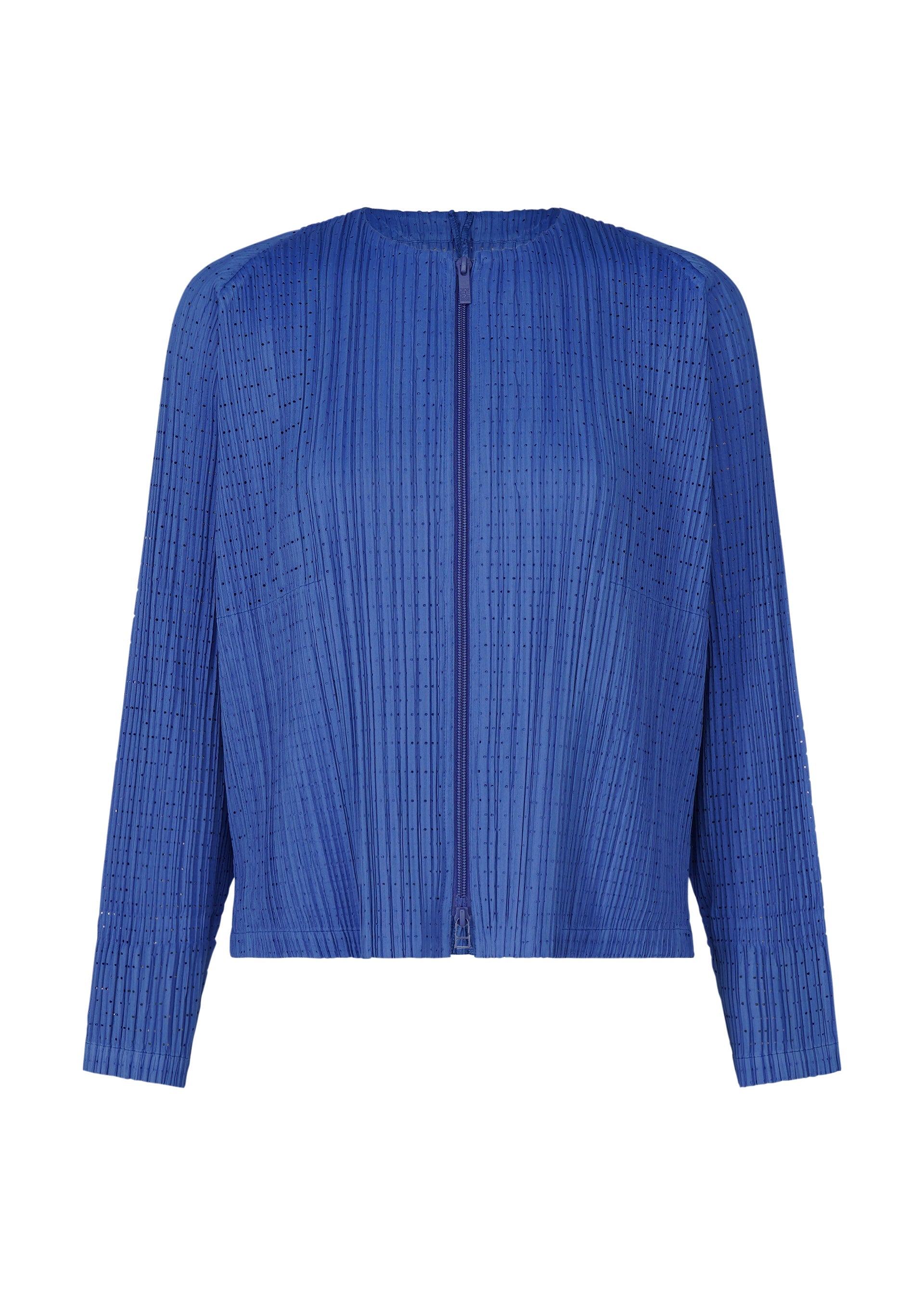 Zoomed view The STARDUST jacket by PLEATS PLEASE ISSEY MIYAKE, featuring long sleeves, royal blue pleats, a voluminous fit, front zipper, and round neckline, is displayed against a white background. - BLUE （no.72）