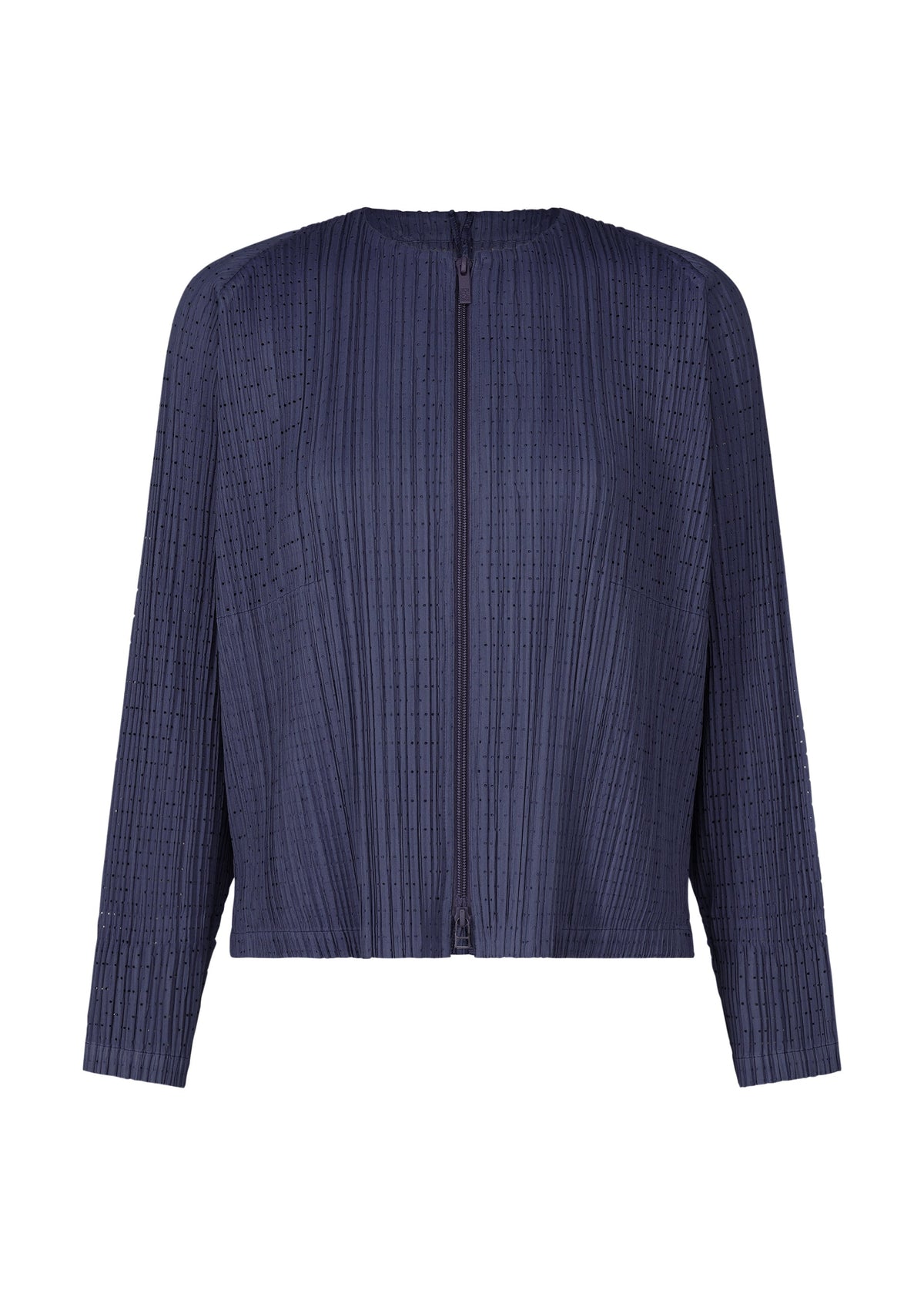 The STARDUST jacket by PLEATS PLEASE ISSEY MIYAKE is a navy blue, long-sleeved mesh piece with a round neckline, vertical pleats, zip-up front, and voluminous fit, shown on a white background. view 3 of 11