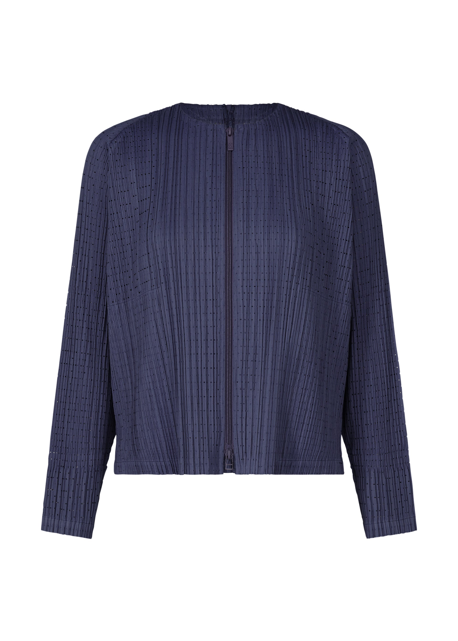 Zoomed view The STARDUST jacket by PLEATS PLEASE ISSEY MIYAKE is a navy blue, long-sleeved mesh piece with a round neckline, vertical pleats, zip-up front, and voluminous fit, shown on a white background. - NAVY （no.75）