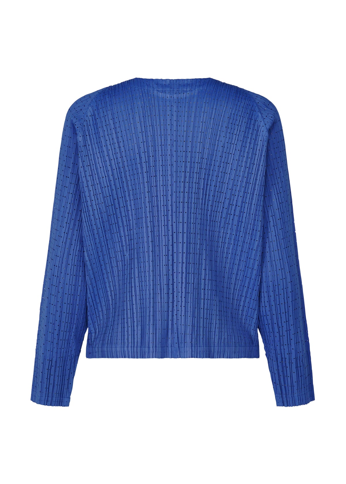 The STARDUST jacket by PLEATS PLEASE ISSEY MIYAKE is a royal blue, long-sleeve mesh design with a voluminous fit and subtle vertical lines, shown from the back against a plain white background. view 4 of 11