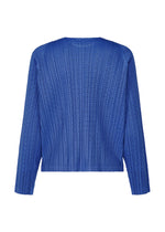The STARDUST jacket by PLEATS PLEASE ISSEY MIYAKE is a royal blue, long-sleeve mesh design with a voluminous fit and subtle vertical lines, shown from the back against a plain white background.
