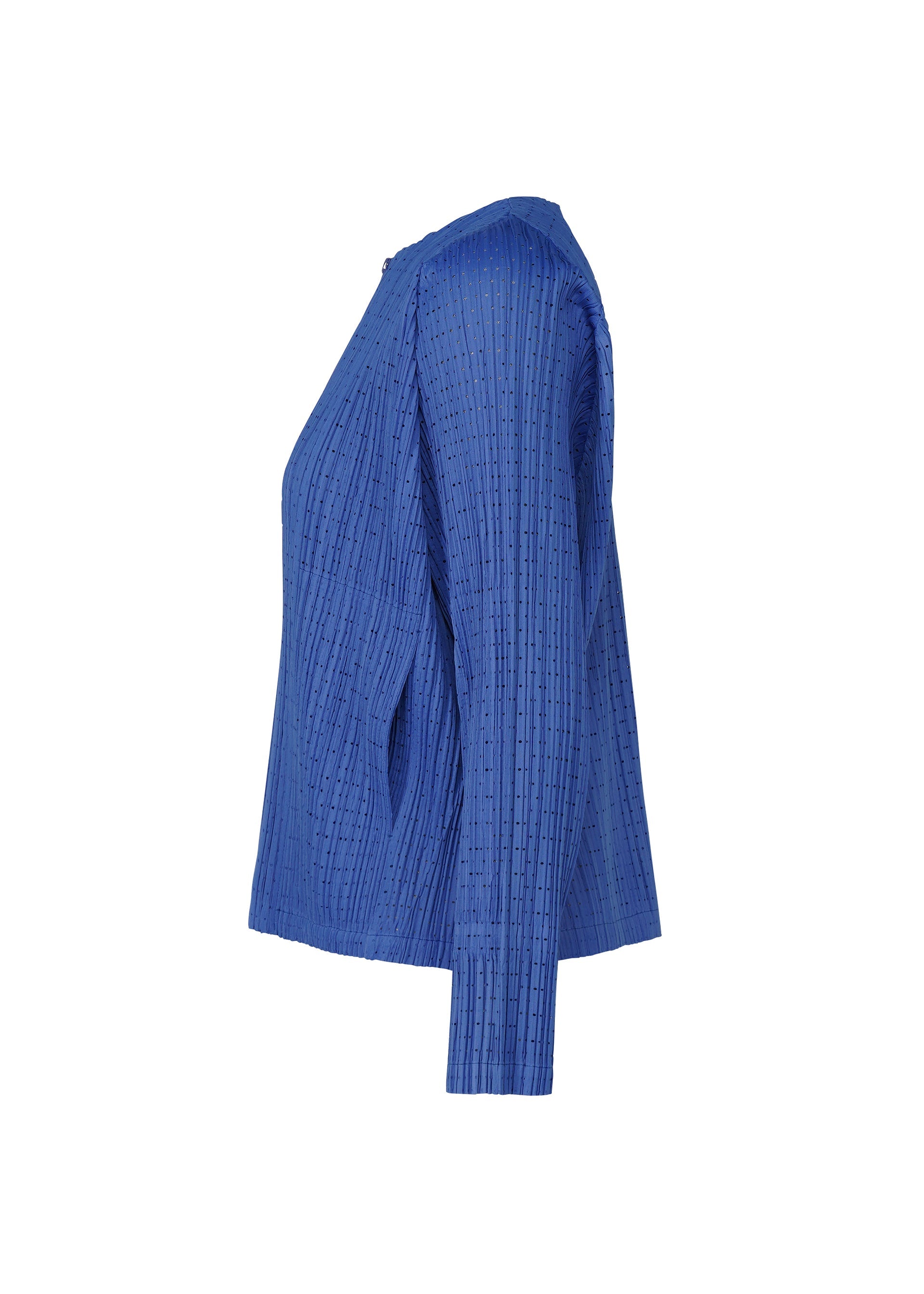 Zoomed view Side view of the STARDUST long-sleeve blue blouse by PLEATS PLEASE ISSEY MIYAKE, featuring a matte finish, round neckline, and subtle vertical lines, shown on a white background.