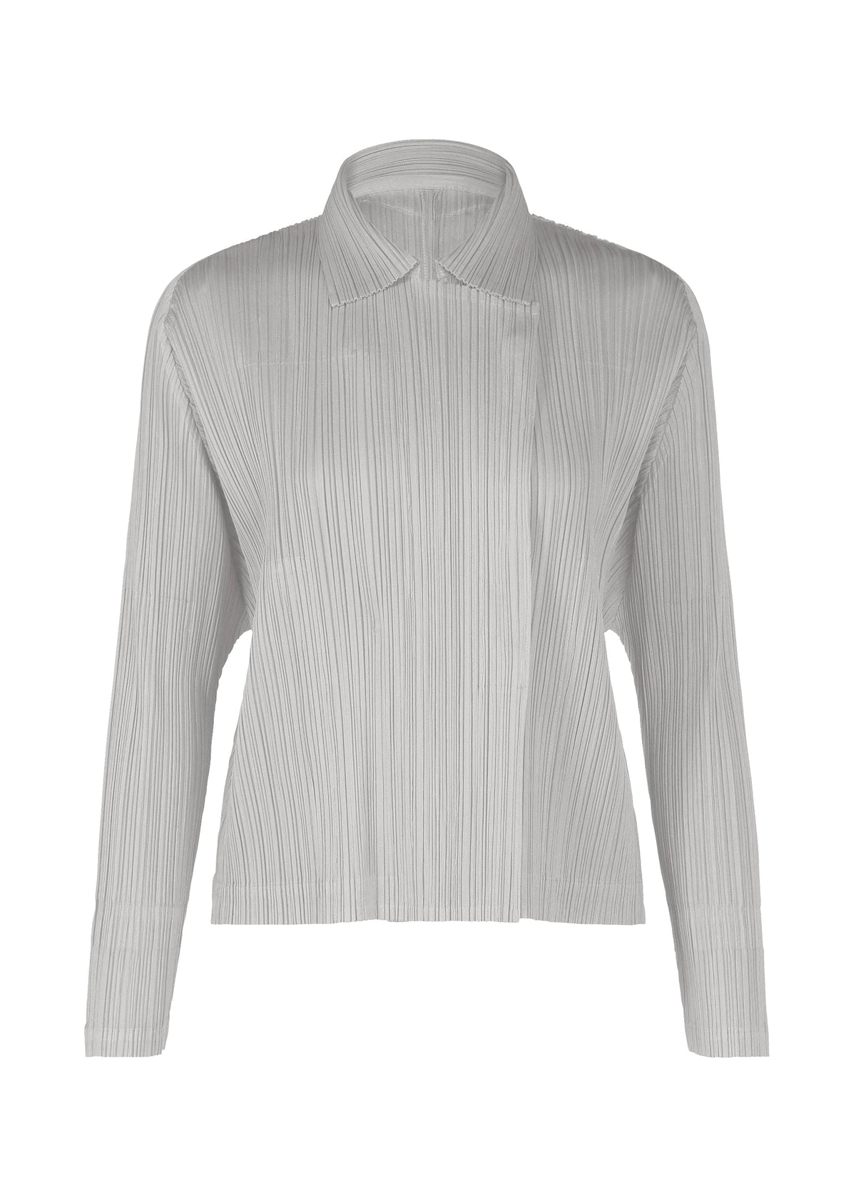 The MONTHLY COLORS : FEBRUARY jacket by PLEATS PLEASE ISSEY MIYAKE is a light gray, long-sleeve, collared piece with pleats, an asymmetrical collar, and concealed front closure, inspired by cityscape aesthetics. view 2 of 11