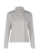 The MONTHLY COLORS : FEBRUARY jacket by PLEATS PLEASE ISSEY MIYAKE is a light gray, long-sleeve, collared piece with pleats, an asymmetrical collar, and concealed front closure, inspired by cityscape aesthetics. - LIGHT GRAY （no.10）