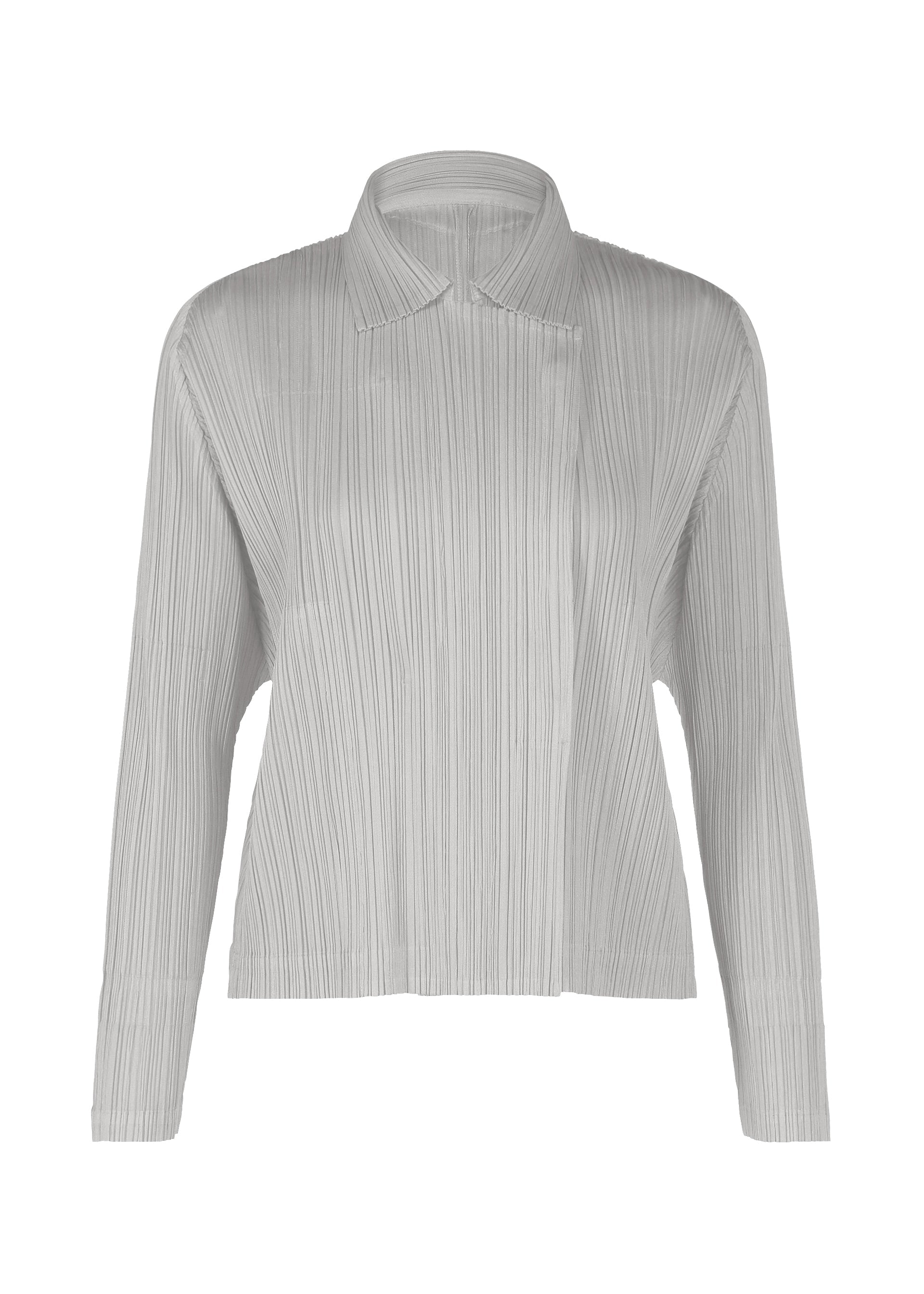 Zoomed view The MONTHLY COLORS : FEBRUARY jacket by PLEATS PLEASE ISSEY MIYAKE is a light gray, long-sleeve, collared piece with pleats, an asymmetrical collar, and concealed front closure, inspired by cityscape aesthetics. - LIGHT GRAY （no.10）