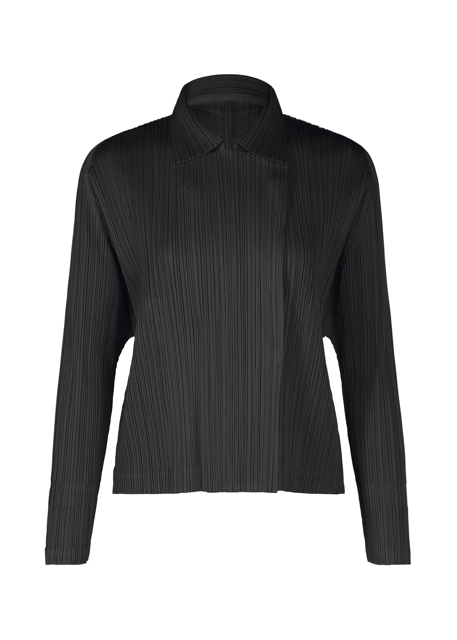 Zoomed view The MONTHLY COLORS : FEBRUARY jacket by PLEATS PLEASE ISSEY MIYAKE features a high collar, long sleeves, and a modern cityscape-inspired silhouette in pleated, textured fabric with a subtly concealed front closure. - BLACK （no.15）