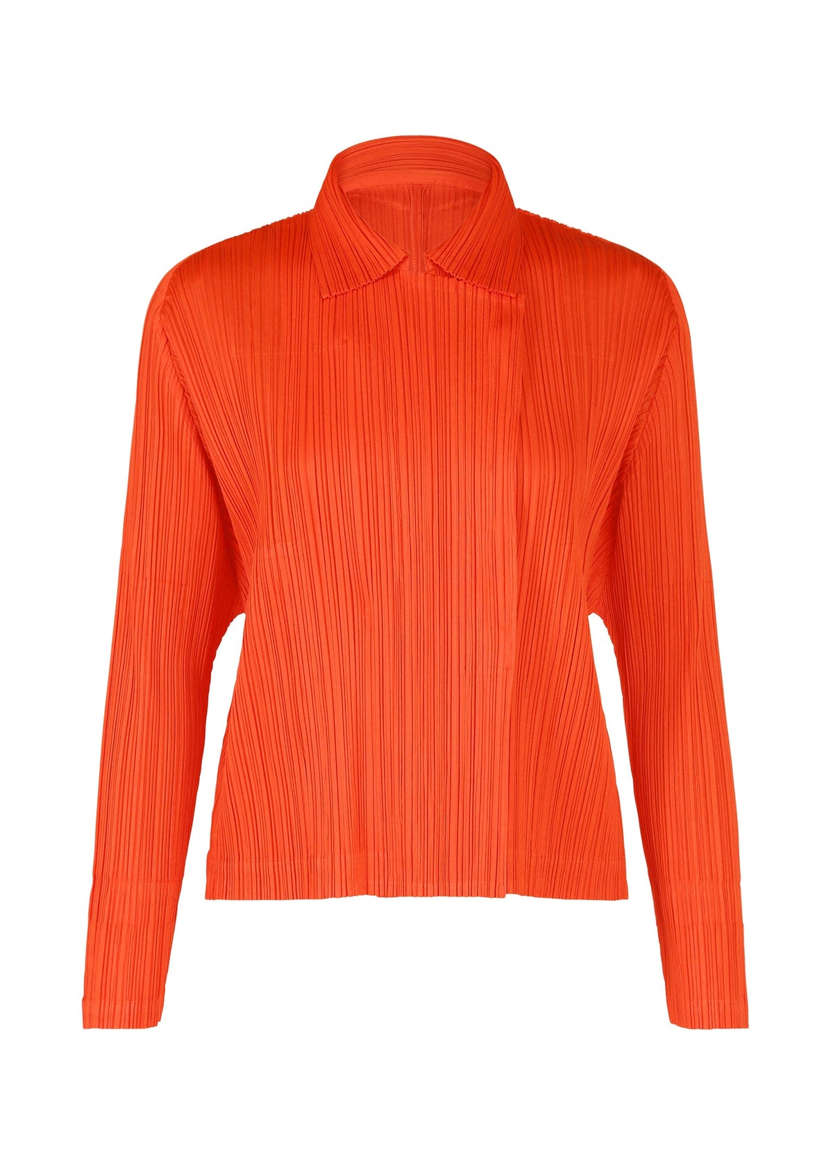 A bright orange, long-sleeved pleated blouse with a collar and straight hem from PLEATS PLEASE ISSEY MIYAKE's MONTHLY COLORS : FEBRUARY series, shown against a white background. view 5 of 11