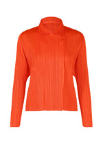 A bright orange, long-sleeved pleated blouse with a collar and straight hem from PLEATS PLEASE ISSEY MIYAKE's MONTHLY COLORS : FEBRUARY series, shown against a white background. - RED （no.24）