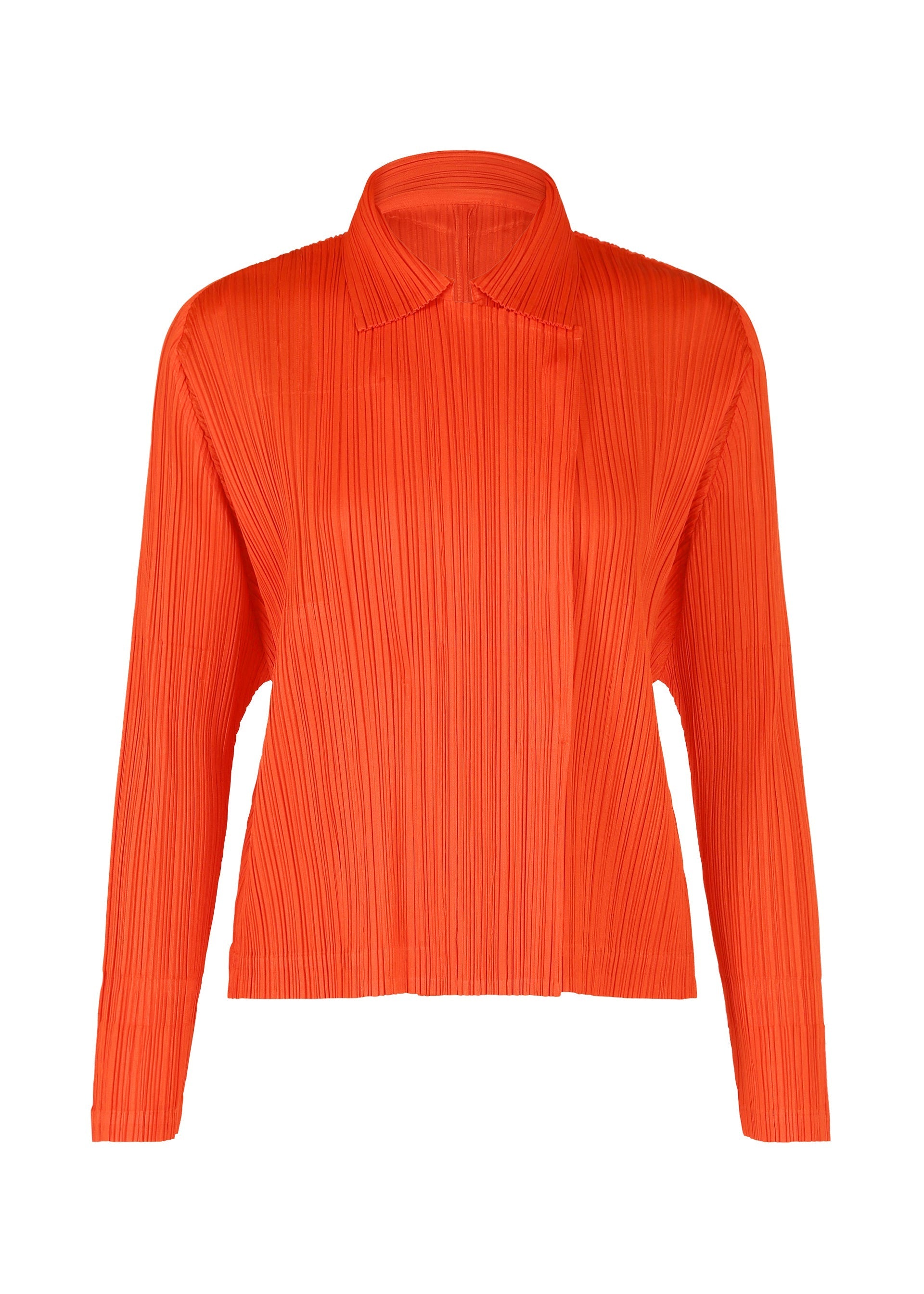 Zoomed view A bright orange, long-sleeved pleated blouse with a collar and straight hem from PLEATS PLEASE ISSEY MIYAKE's MONTHLY COLORS : FEBRUARY series, shown against a white background. - RED （no.24）