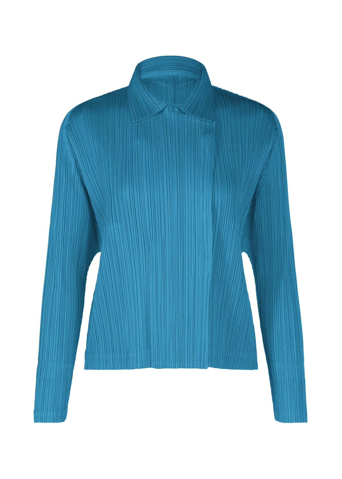 The MONTHLY COLORS : FEBRUARY jacket by PLEATS PLEASE ISSEY MIYAKE is a teal blue, long-sleeve pleated piece featuring a high collar and asymmetrical front, with lightweight, cityscape-inspired texture for modern style. view 4 of 11