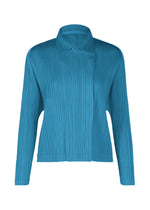 The MONTHLY COLORS : FEBRUARY jacket by PLEATS PLEASE ISSEY MIYAKE is a teal blue, long-sleeve pleated piece featuring a high collar and asymmetrical front, with lightweight, cityscape-inspired texture for modern style. - DEEP BLUE （no.76）