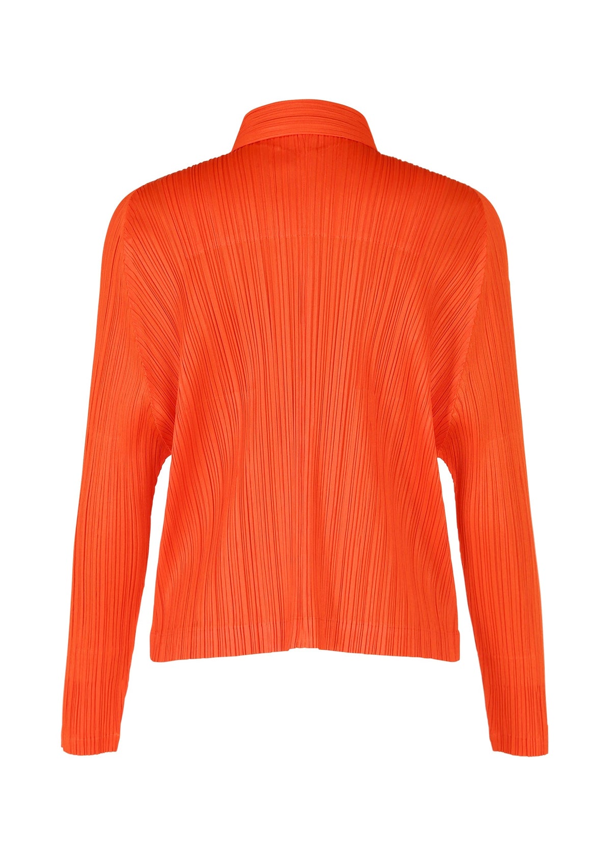 Back view of a long-sleeved, bright orange pleated blouse with a collar and relaxed fit from PLEATS PLEASE ISSEY MIYAKE's MONTHLY COLORS : FEBRUARY collection, inspired by cityscapes. view 6 of 11