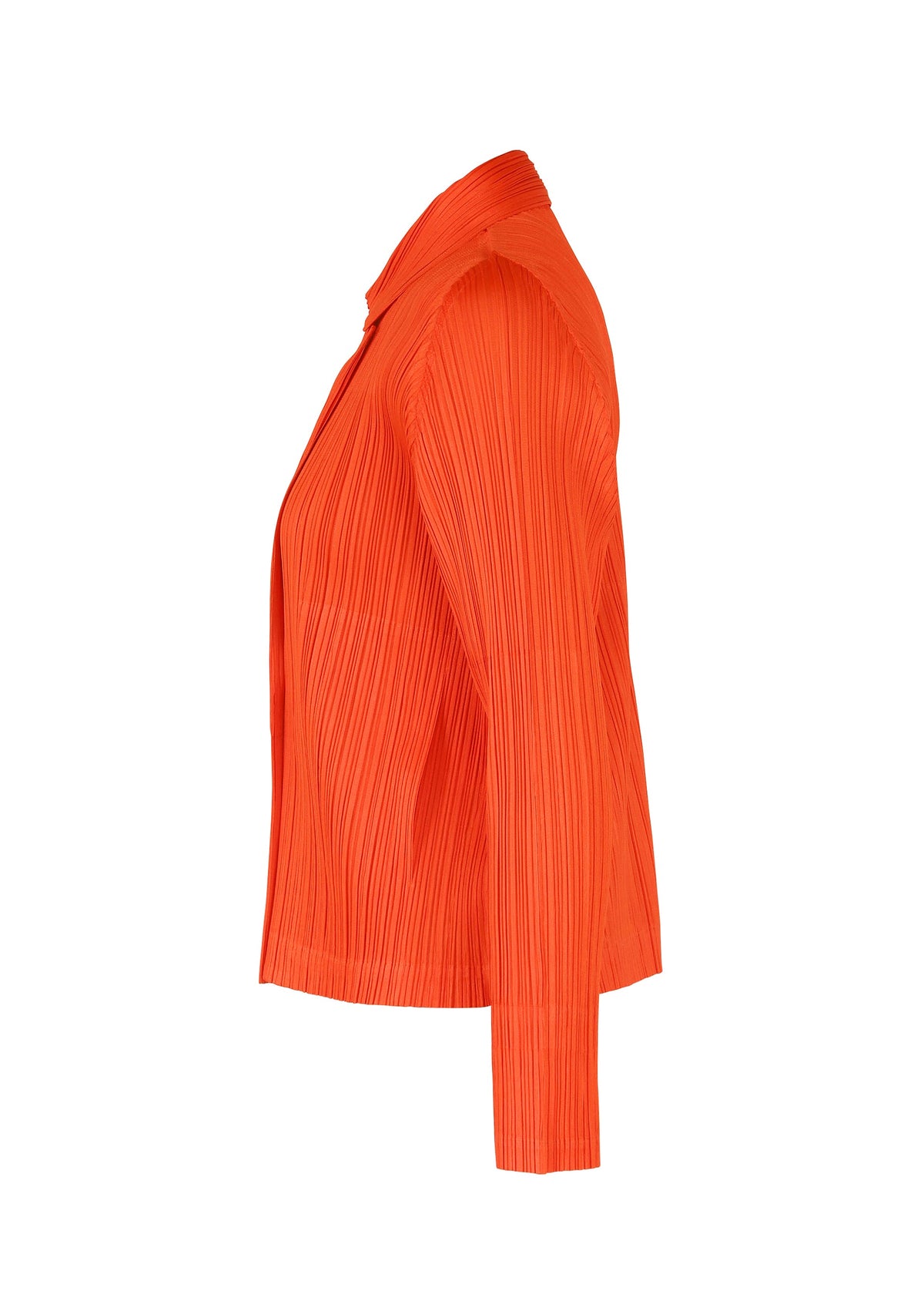 A side view of the bright orange, long-sleeved pleated blouse from PLEATS PLEASE ISSEY MIYAKE’s MONTHLY COLORS : FEBRUARY collection is shown against a plain white background. view 7 of 11