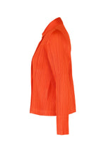 A side view of the bright orange, long-sleeved pleated blouse from PLEATS PLEASE ISSEY MIYAKE’s MONTHLY COLORS : FEBRUARY collection is shown against a plain white background.