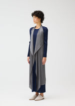 A person with short curly hair models the MONTHLY COLORS : JANUARY long navy dress and sleeveless pleated vest by PLEATS PLEASE ISSEY MIYAKE, paired with light slip-on shoes against a plain white background.