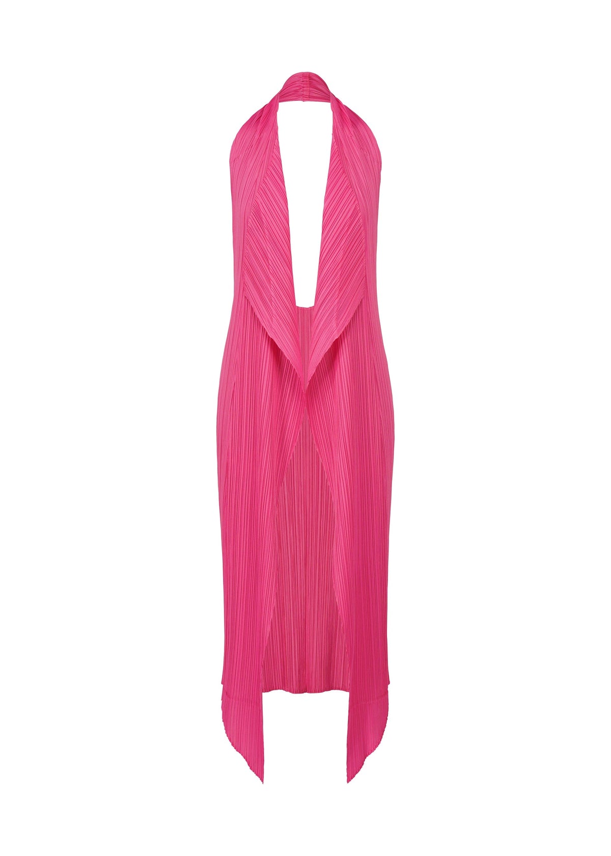 The MONTHLY COLORS : JANUARY dress by PLEATS PLEASE ISSEY MIYAKE is a sleeveless, bright pink halter-neck style with a deep V neckline, pleated vest-like texture, and an asymmetrical hem, shown on a plain white background. view 1 of 11