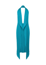 The MONTHLY COLORS : JANUARY sleeveless turquoise halter dress by PLEATS PLEASE ISSEY MIYAKE features pleated fabric, a deep V-neckline, asymmetric hem, and comes with a matching pleated vest, displayed on a white background. - SKY BLUE （no.73）