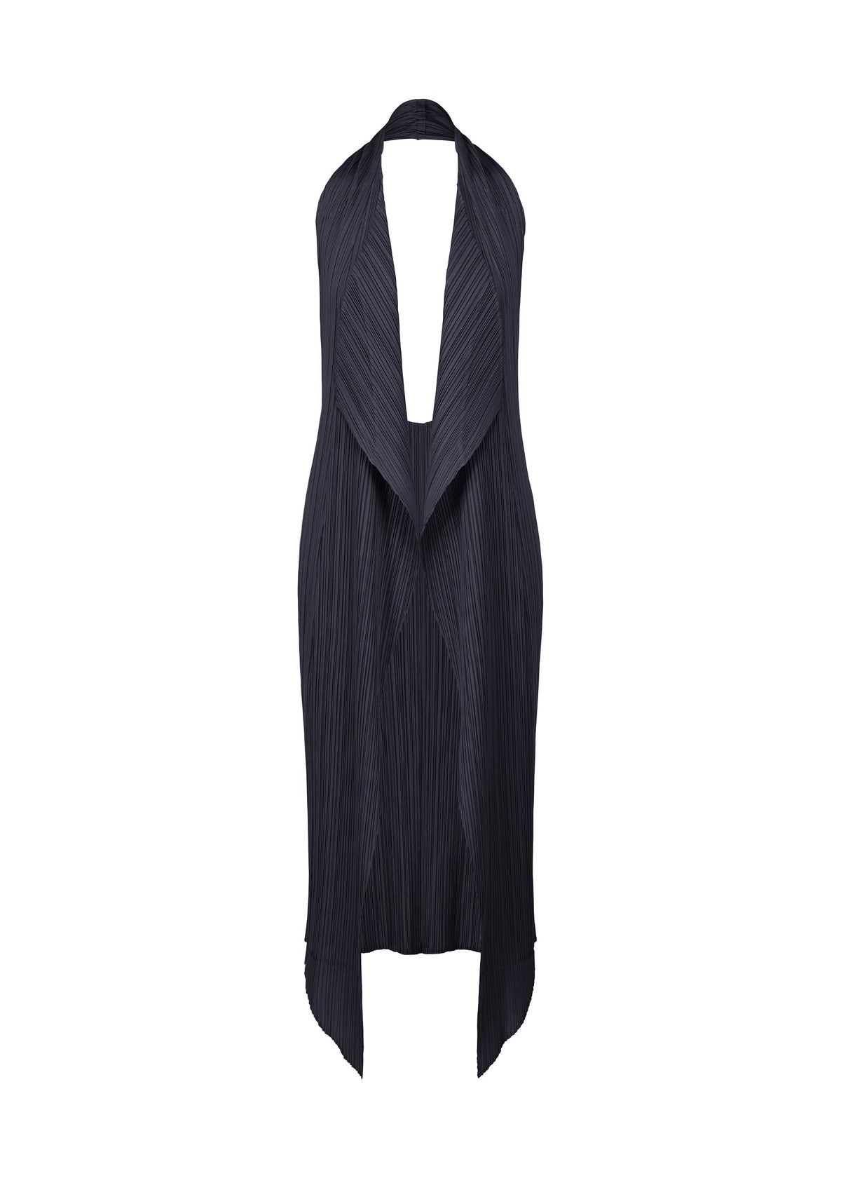 The PLEATS PLEASE ISSEY MIYAKE MONTHLY COLORS : JANUARY is a sleeveless, dark navy pleated vest dress featuring a deep V-neck halter design and draped asymmetrical hem, shown on a white background. view 4 of 11