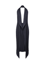 The PLEATS PLEASE ISSEY MIYAKE MONTHLY COLORS : JANUARY is a sleeveless, dark navy pleated vest dress featuring a deep V-neck halter design and draped asymmetrical hem, shown on a white background. - DARK NAVY （no.78）