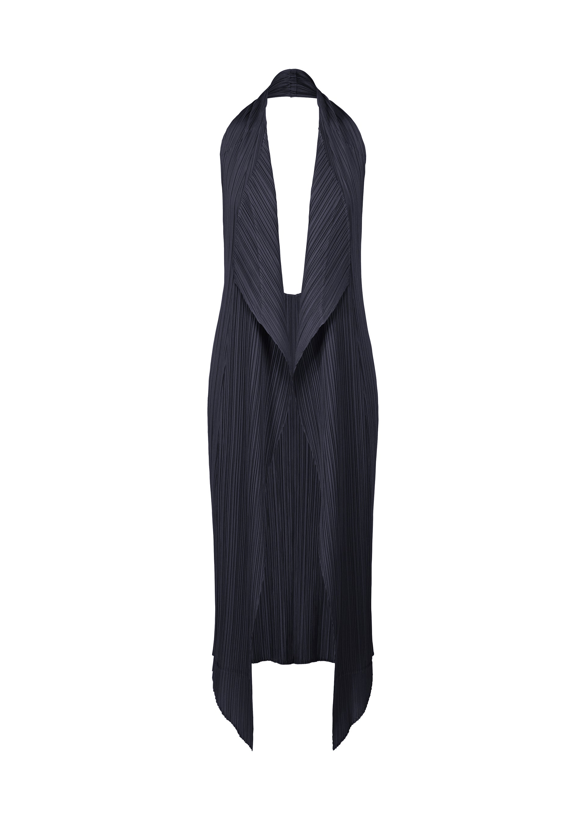Zoomed view The PLEATS PLEASE ISSEY MIYAKE MONTHLY COLORS : JANUARY is a sleeveless, dark navy pleated vest dress featuring a deep V-neck halter design and draped asymmetrical hem, shown on a white background. - DARK NAVY （no.78）