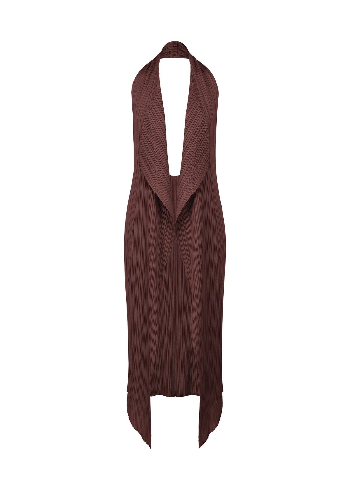 The MONTHLY COLORS : JANUARY dress by PLEATS PLEASE ISSEY MIYAKE is a sleeveless, deep brown pleated vest dress with a plunging neckline and draped asymmetrical hem, shown on a white background. view 5 of 11