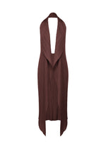 The MONTHLY COLORS : JANUARY dress by PLEATS PLEASE ISSEY MIYAKE is a sleeveless, deep brown pleated vest dress with a plunging neckline and draped asymmetrical hem, shown on a white background. - BORDEAUX （no.84）