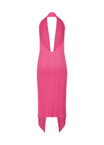 The MONTHLY COLORS : JANUARY by PLEATS PLEASE ISSEY MIYAKE is a sleeveless, bright pink halter dress with a deep V-neckline, pleated fabric, asymmetrical hemline, and fitted silhouette—ideal for chic layered looks.