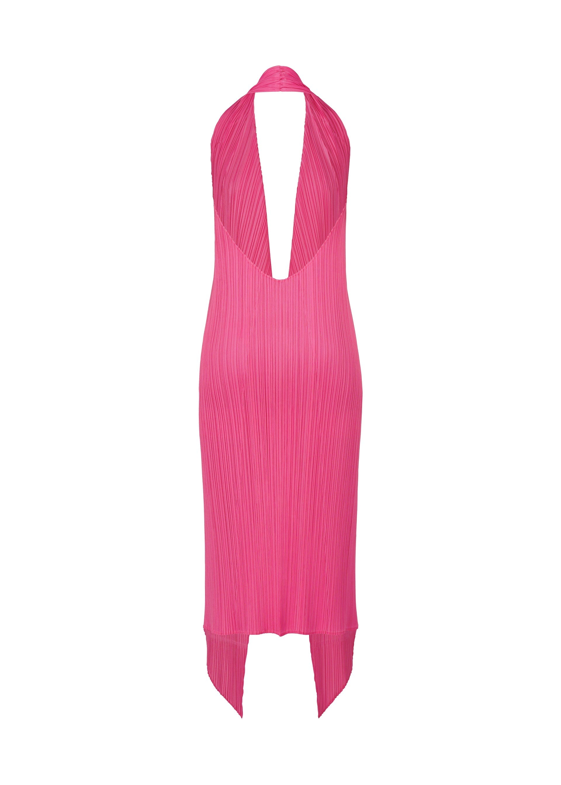 Zoomed view The MONTHLY COLORS : JANUARY by PLEATS PLEASE ISSEY MIYAKE is a sleeveless, bright pink halter dress with a deep V-neckline, pleated fabric, asymmetrical hemline, and fitted silhouette—ideal for chic layered looks.