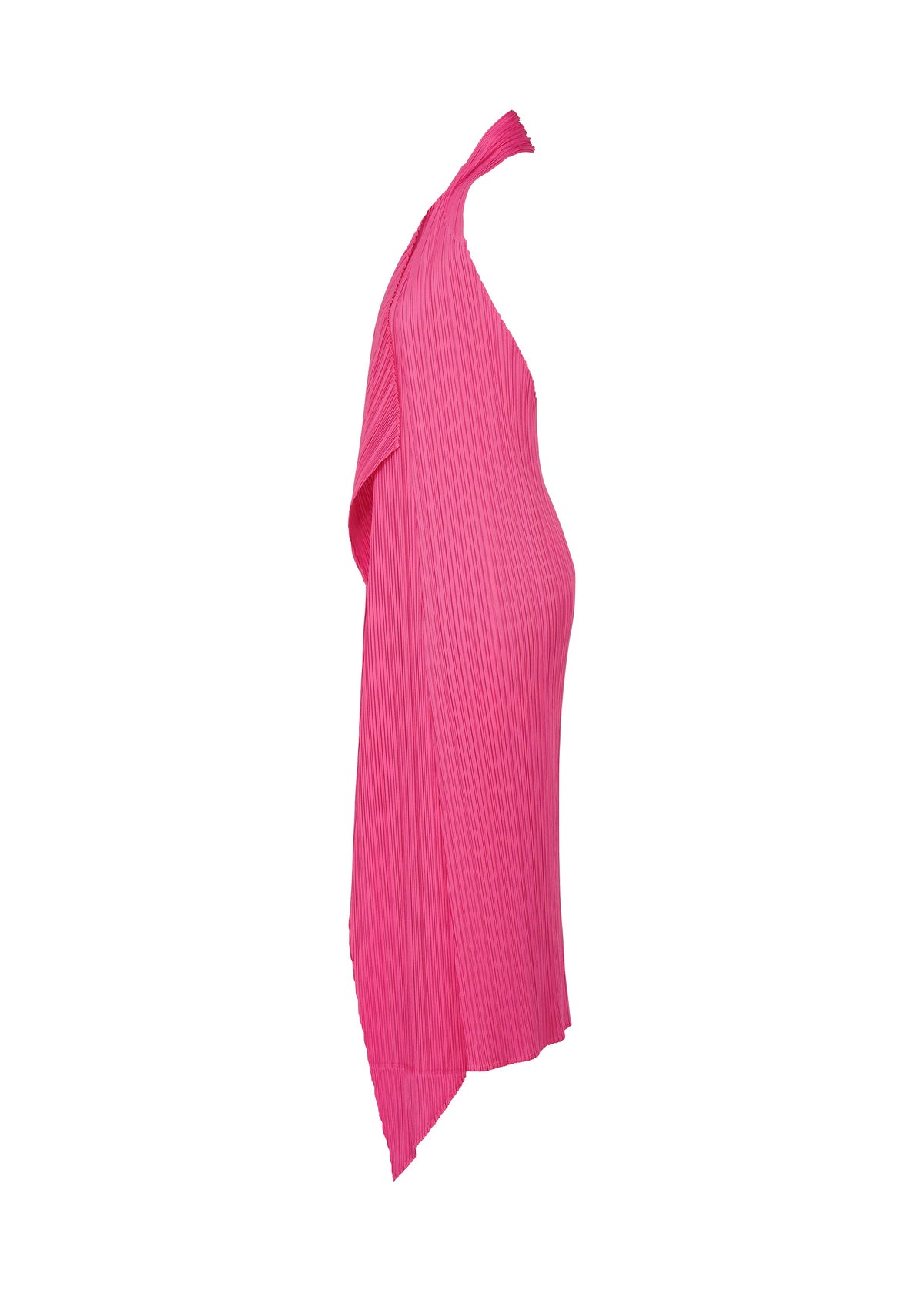 The MONTHLY COLORS : JANUARY dress by PLEATS PLEASE ISSEY MIYAKE is a bright pink, asymmetrical pleated one-shoulder style with an uneven hem and matching pleated vest, shown from the side against a white background. view 7 of 11