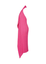 The MONTHLY COLORS : JANUARY dress by PLEATS PLEASE ISSEY MIYAKE is a bright pink, asymmetrical pleated one-shoulder style with an uneven hem and matching pleated vest, shown from the side against a white background.