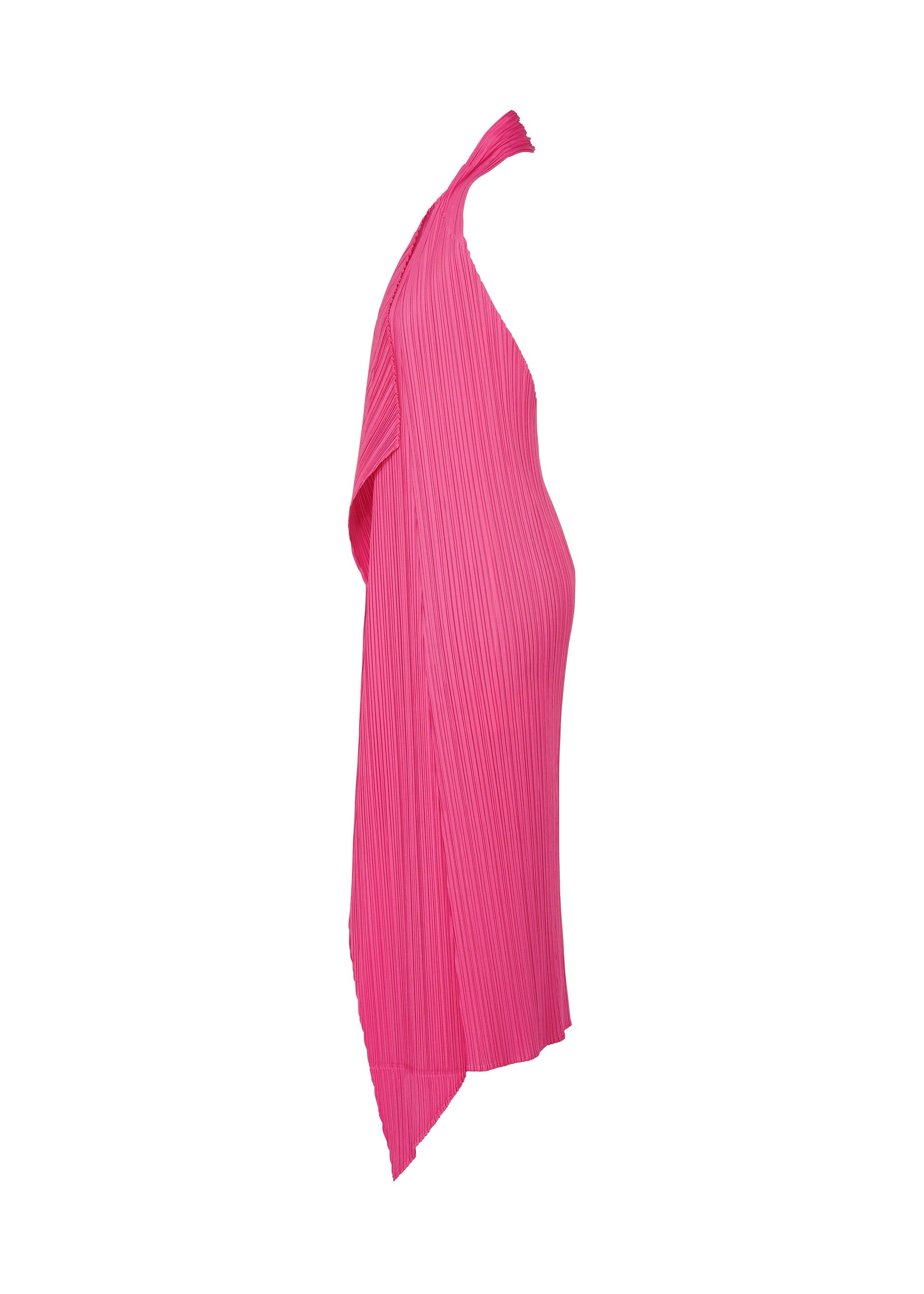 Zoomed view The MONTHLY COLORS : JANUARY dress by PLEATS PLEASE ISSEY MIYAKE is a bright pink, asymmetrical pleated one-shoulder style with an uneven hem and matching pleated vest, shown from the side against a white background.