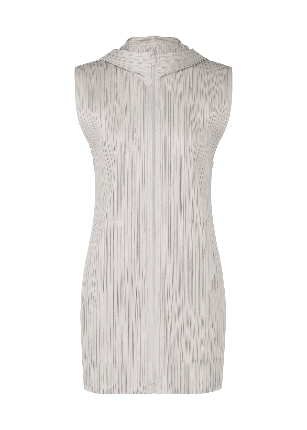 The MONTHLY COLORS : APRIL dress by PLEATS PLEASE ISSEY MIYAKE is a sleeveless, knee-length light gray piece with vertical pleats and a V-back detail, ideal for fans of simple silhouettes. view 1 of 11