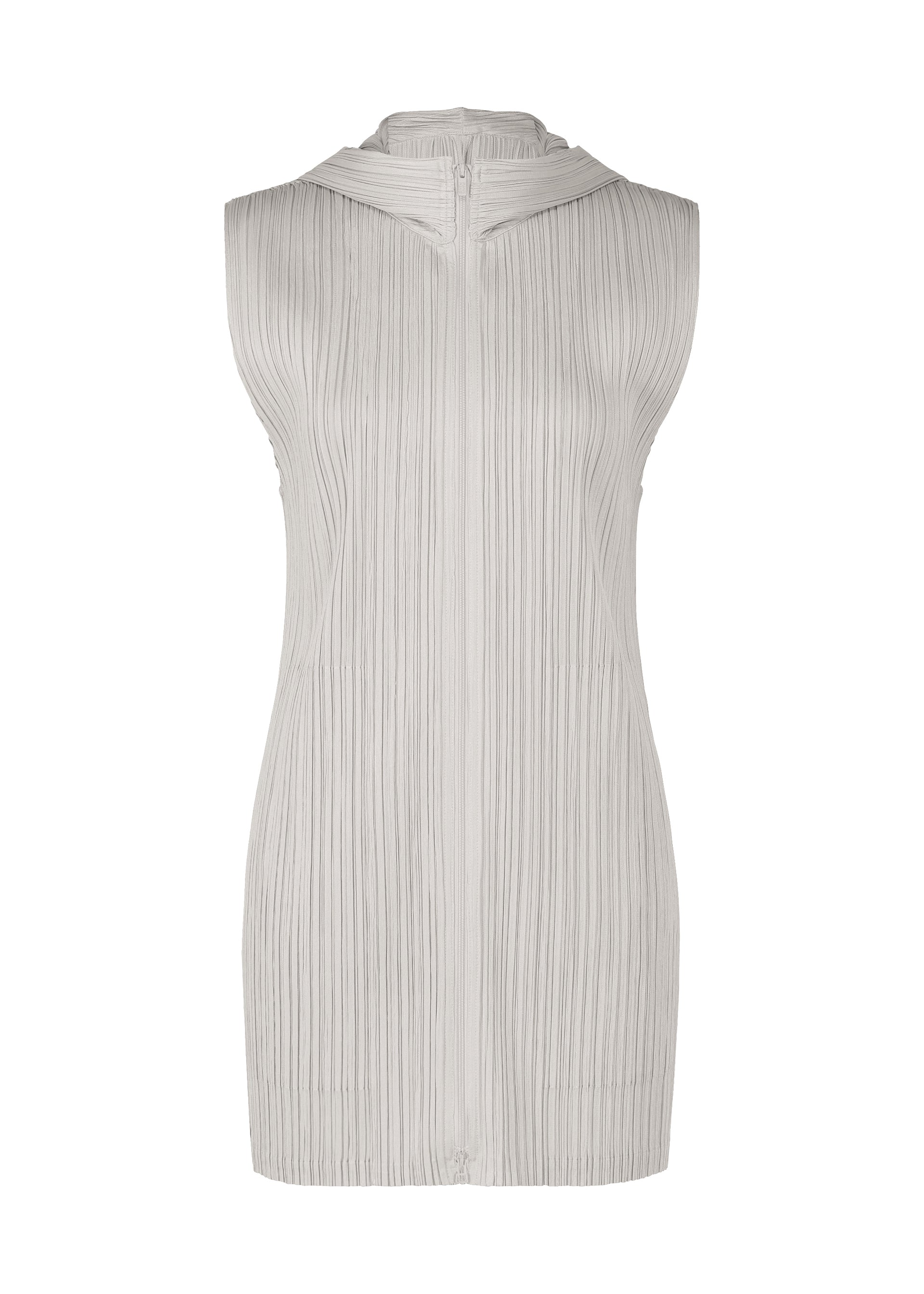 Zoomed view The MONTHLY COLORS : APRIL dress by PLEATS PLEASE ISSEY MIYAKE is a sleeveless, knee-length light gray piece with vertical pleats and a V-back detail, ideal for fans of simple silhouettes. - COOL GRAY （no.11）