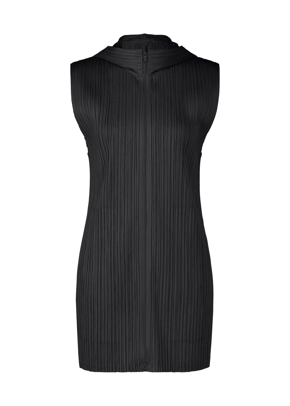 The MONTHLY COLORS : APRIL by PLEATS PLEASE ISSEY MIYAKE is a sleeveless black mini dress featuring a high neckline and vertical pleats, designed with simple silhouettes and displayed against a plain white background. view 2 of 11