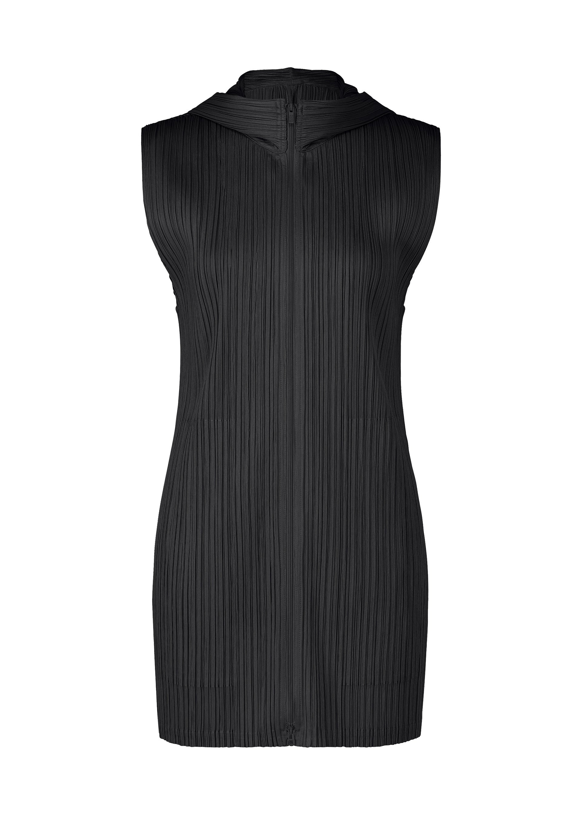 Zoomed view The MONTHLY COLORS : APRIL by PLEATS PLEASE ISSEY MIYAKE is a sleeveless black mini dress featuring a high neckline and vertical pleats, designed with simple silhouettes and displayed against a plain white background. - BLACK （no.15）