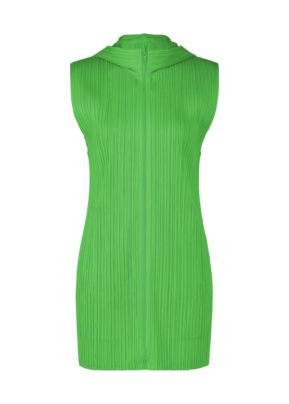 The MONTHLY COLORS : APRIL dress by PLEATS PLEASE ISSEY MIYAKE is a sleeveless, knee-length piece in bright green with textured pleated fabric and a high neckline, featuring a simple silhouette and streamlined design without embellishments. view 4 of 11