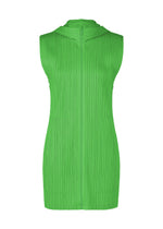 The MONTHLY COLORS : APRIL dress by PLEATS PLEASE ISSEY MIYAKE is a sleeveless, knee-length piece in bright green with textured pleated fabric and a high neckline, featuring a simple silhouette and streamlined design without embellishments. - GREEN （no.62）