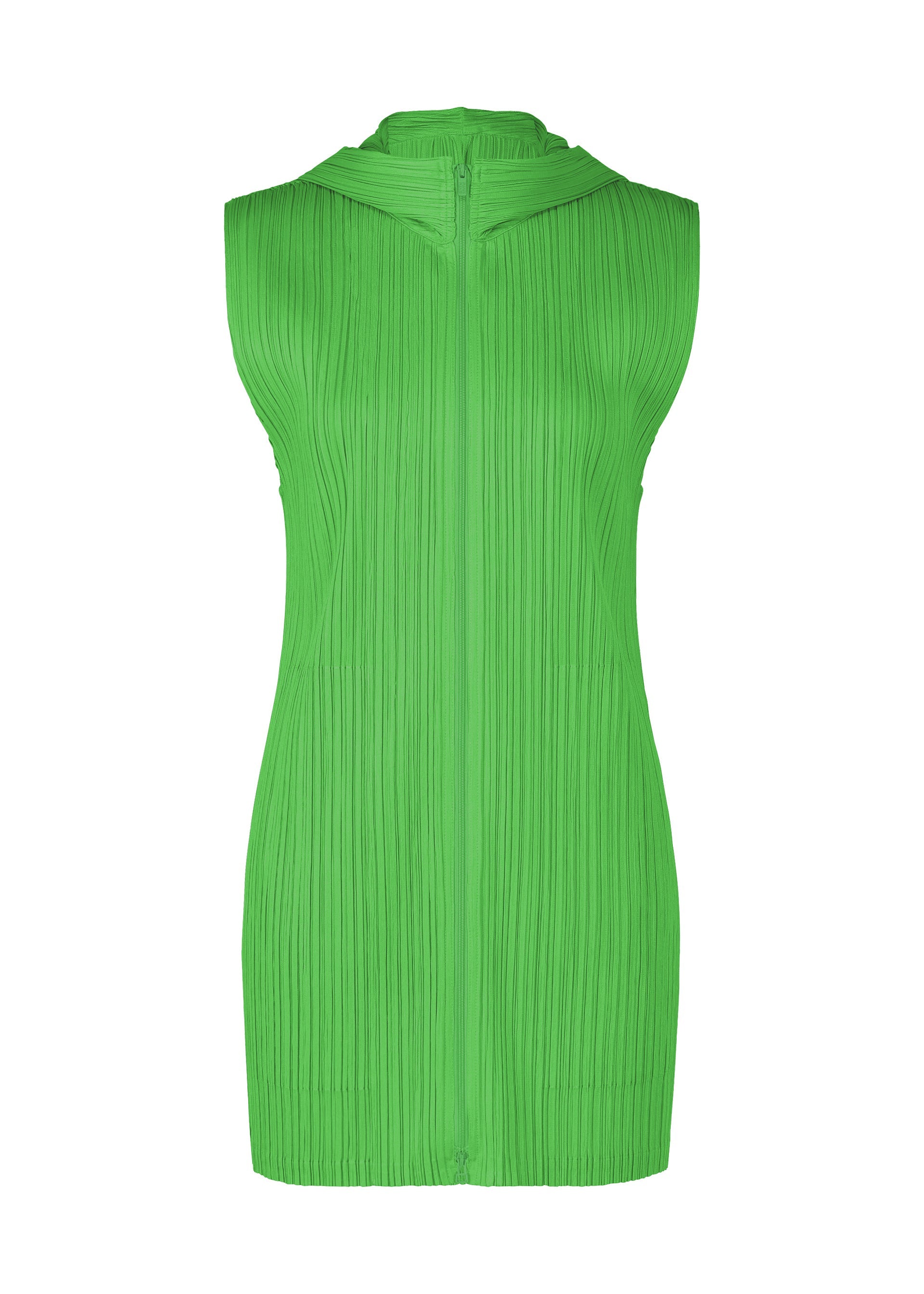 Zoomed view The MONTHLY COLORS : APRIL dress by PLEATS PLEASE ISSEY MIYAKE is a sleeveless, knee-length piece in bright green with textured pleated fabric and a high neckline, featuring a simple silhouette and streamlined design without embellishments. - GREEN （no.62）
