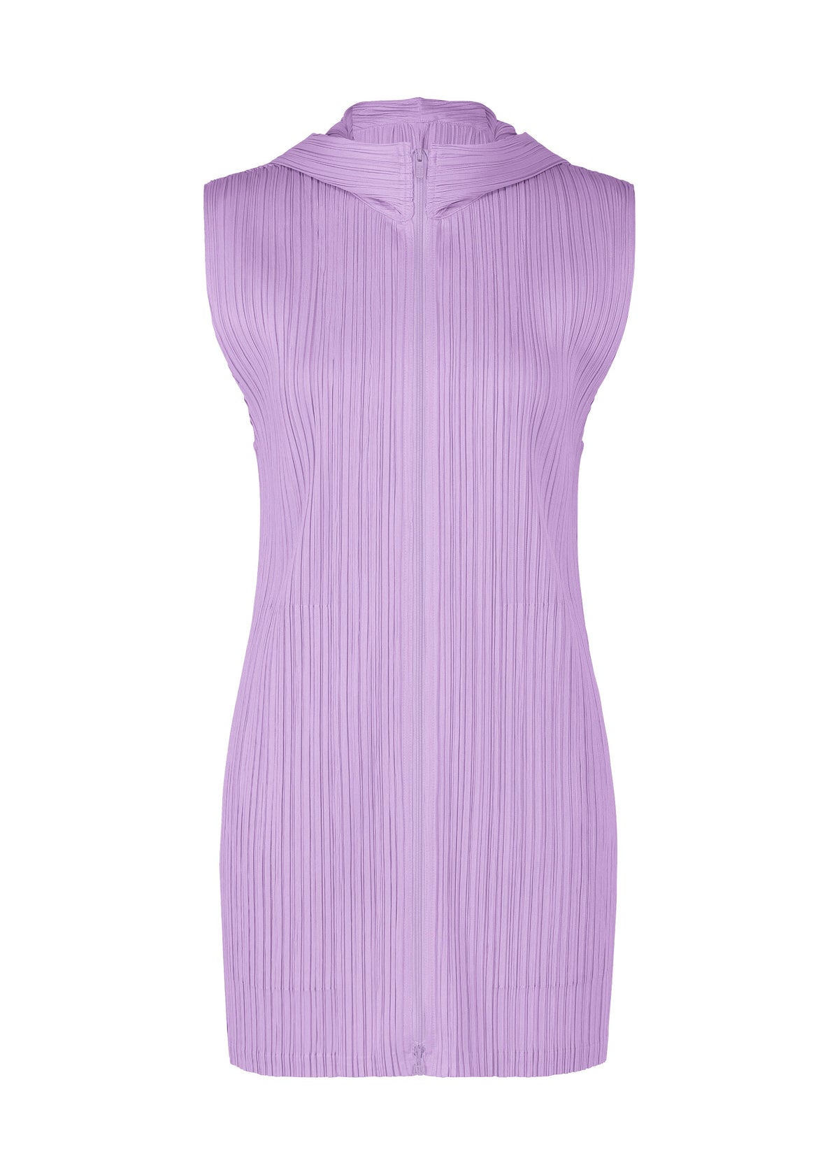 The MONTHLY COLORS : APRIL sleeveless lilac mini dress by PLEATS PLEASE ISSEY MIYAKE features textured pleated fabric and a high neckline, highlighting simple silhouettes against a plain white background. view 5 of 11
