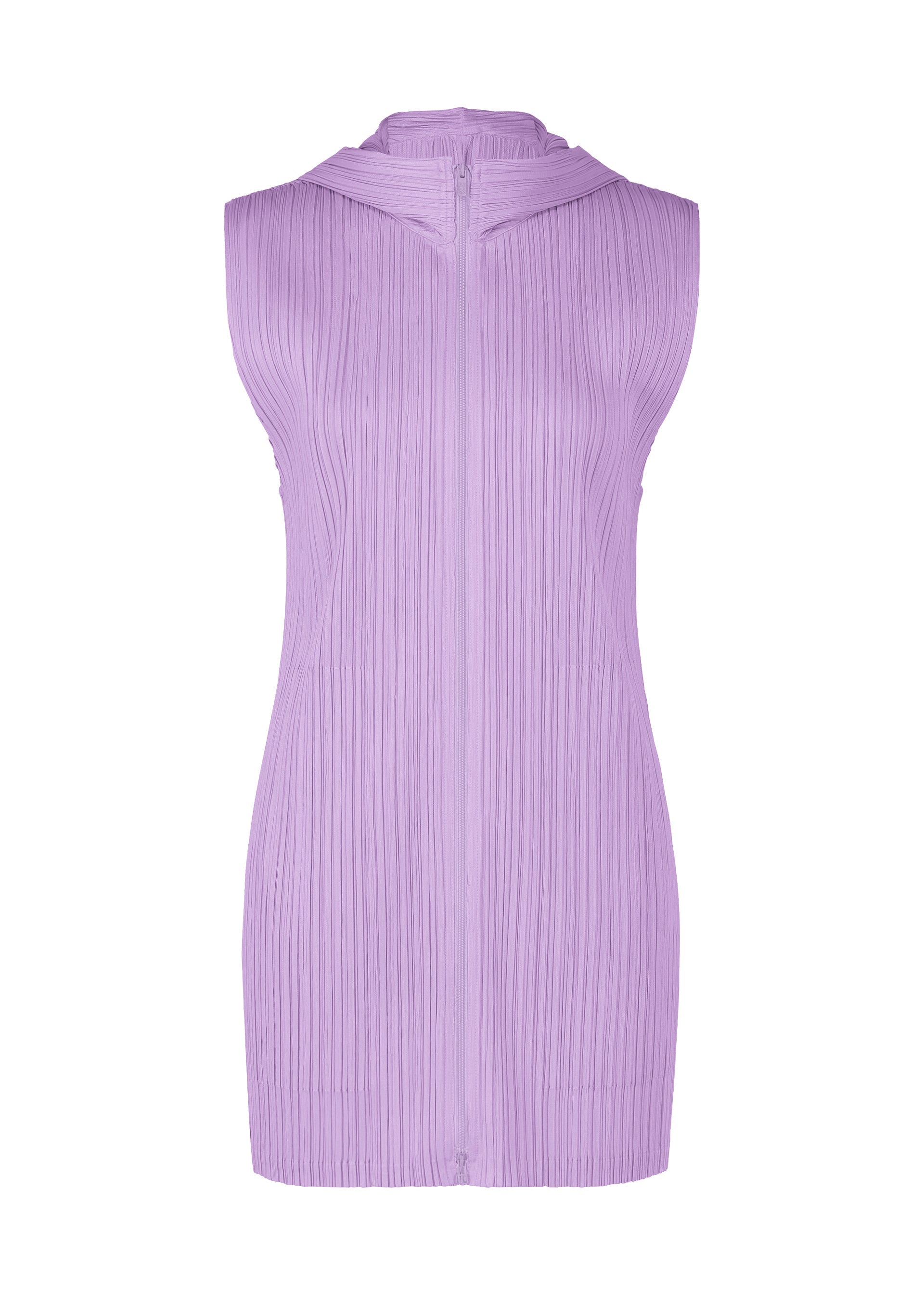 Zoomed view The MONTHLY COLORS : APRIL sleeveless lilac mini dress by PLEATS PLEASE ISSEY MIYAKE features textured pleated fabric and a high neckline, highlighting simple silhouettes against a plain white background. - LIGHT PURPLE （no.80）