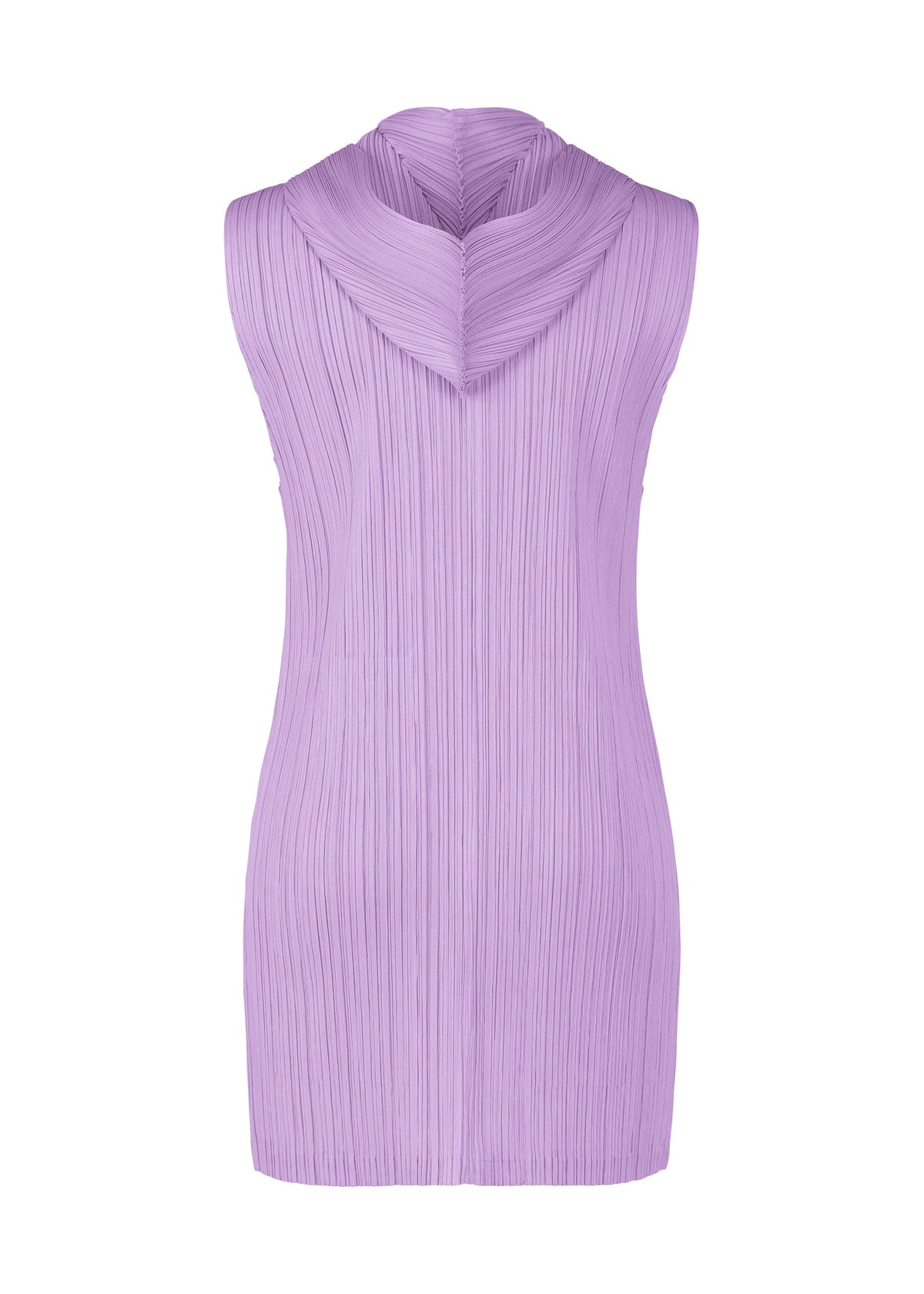 Sleeveless lavender knee-length dress from PLEATS PLEASE ISSEY MIYAKE’s MONTHLY COLORS : APRIL, featuring pleated texture and a wide draped cowl neckline, simple silhouette, shown from the back against a white background. view 6 of 11