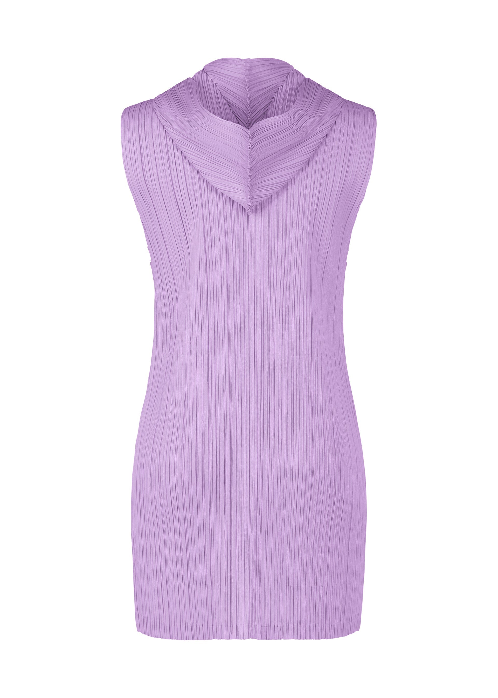 Zoomed view Sleeveless lavender knee-length dress from PLEATS PLEASE ISSEY MIYAKE’s MONTHLY COLORS : APRIL, featuring pleated texture and a wide draped cowl neckline, simple silhouette, shown from the back against a white background.