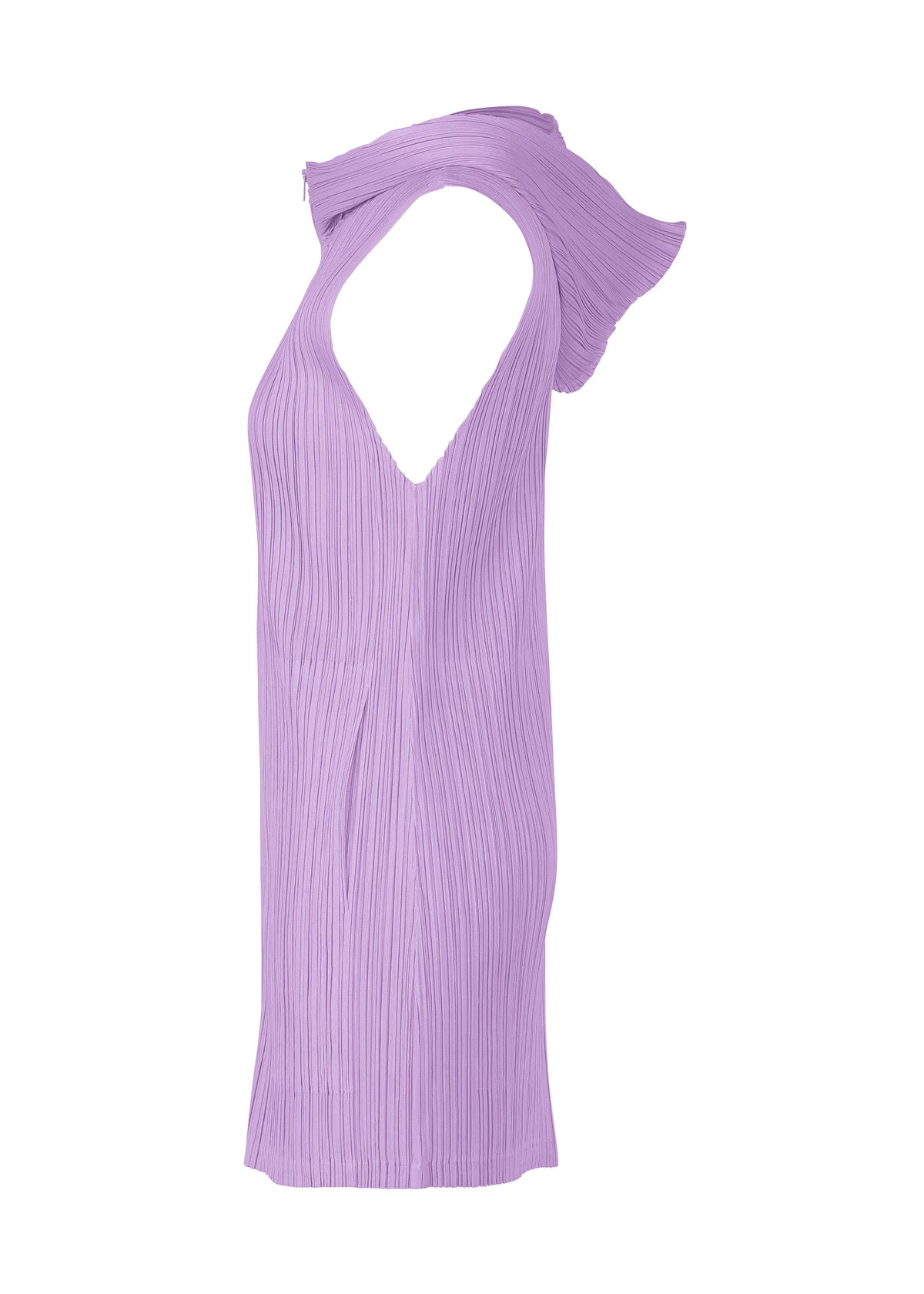 Side view of the MONTHLY COLORS : APRIL sleeveless light purple dress by PLEATS PLEASE ISSEY MIYAKE. This knee-length style features a pleated texture, hood, V-neckline, and simple silhouette for effortless elegance. view 7 of 11