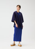 A person with short hair smiles to the side, wearing the LUCID PLEATS dress and shawl by PLEATS PLEASE ISSEY MIYAKE in blue tones, styled with beige platform sandals, against a plain white background.
