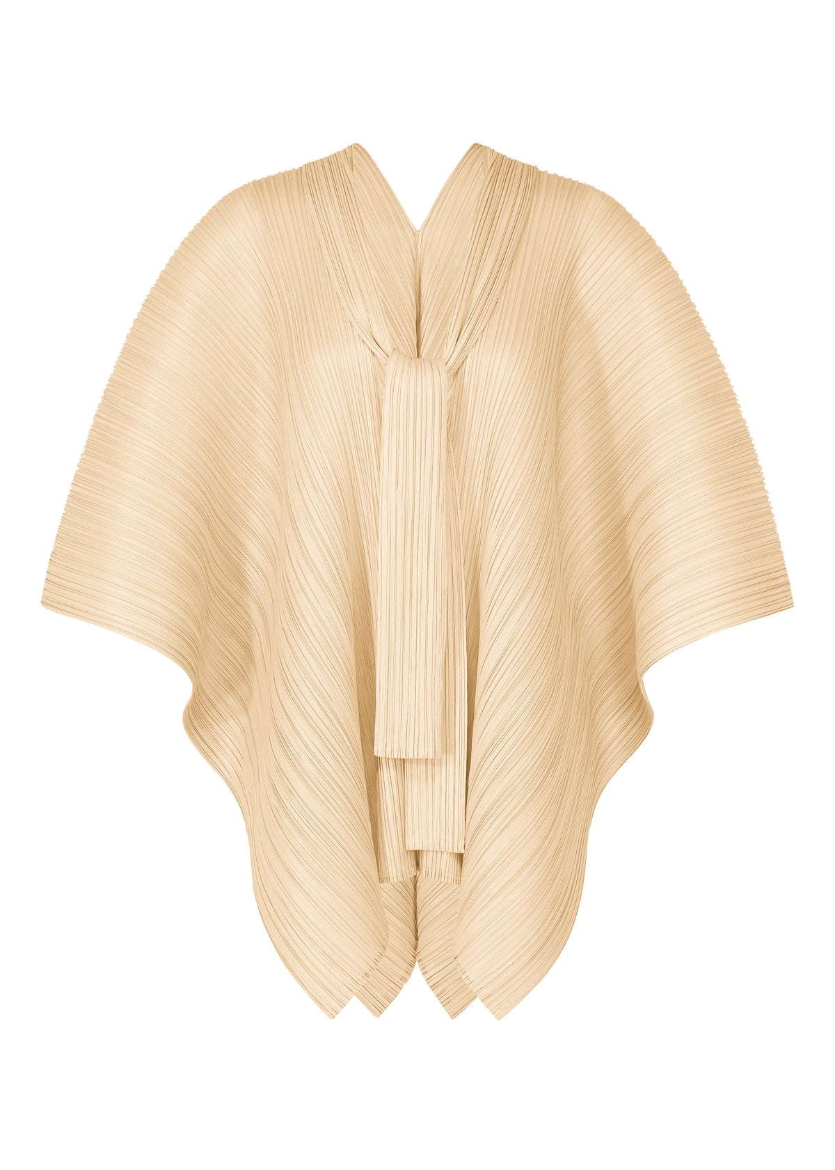 The LUCID PLEATS cape by PLEATS PLEASE ISSEY MIYAKE is beige and pleated, with wide draped sleeves, a scarf-style neck tie, and textured accordion-like fabric for versatile styling. view 1 of 11