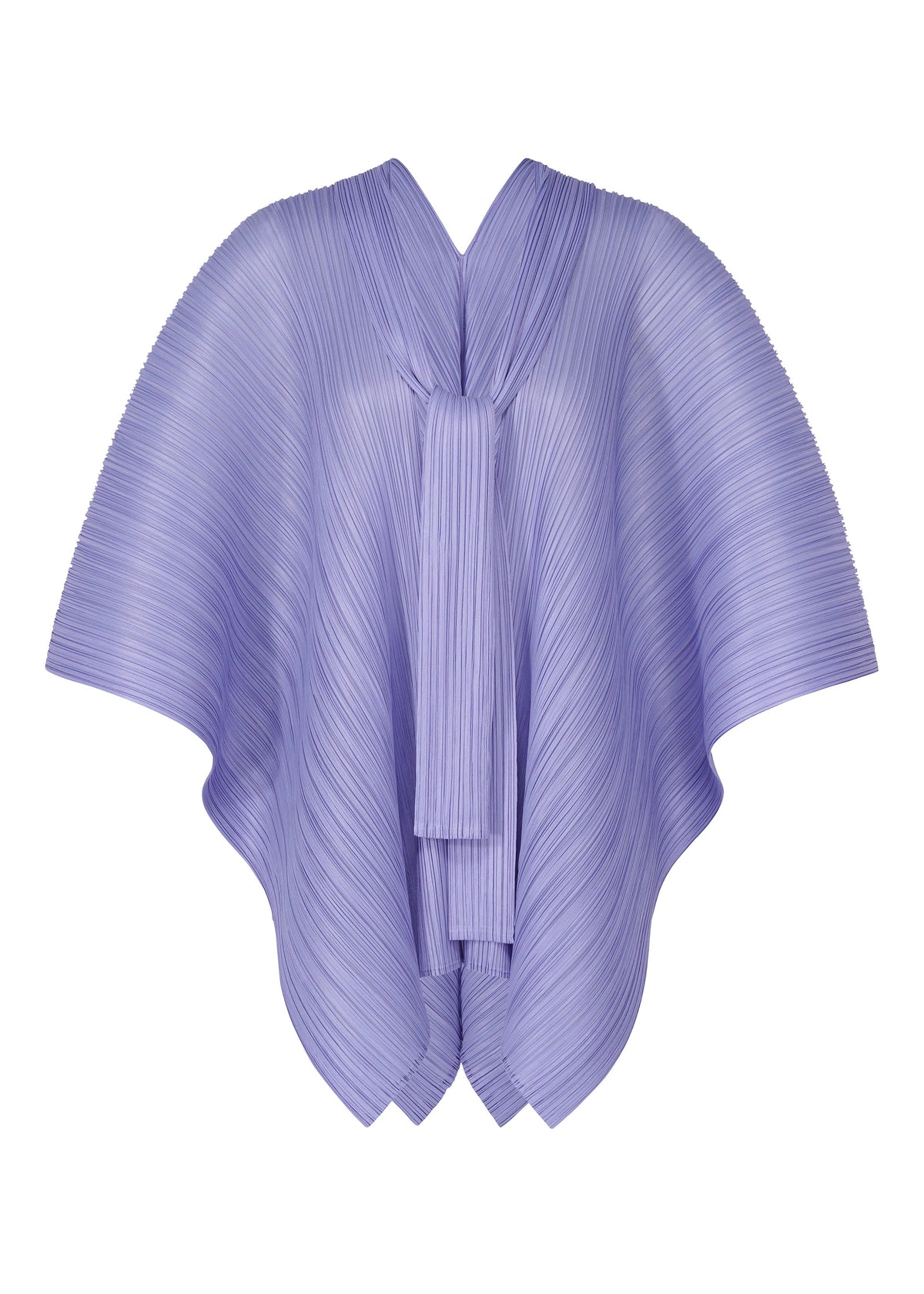 The LUCID PLEATS top by PLEATS PLEASE ISSEY MIYAKE features lavender pleats, a cape silhouette with wide, flowing sleeves, a central front tie, and a sculptural, modern design. view 2 of 11