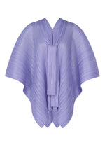 The LUCID PLEATS top by PLEATS PLEASE ISSEY MIYAKE features lavender pleats, a cape silhouette with wide, flowing sleeves, a central front tie, and a sculptural, modern design. - STEEL BLUE （no.74）