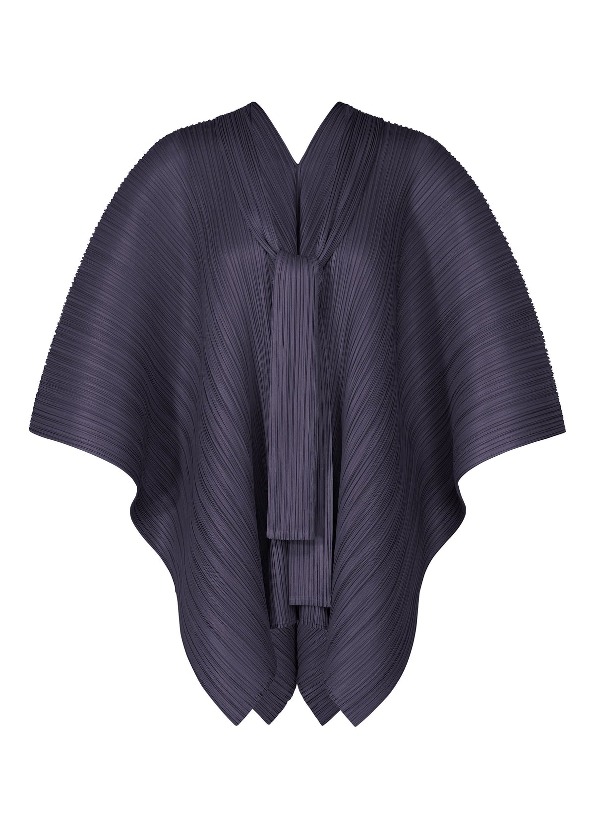 The LUCID PLEATS by PLEATS PLEASE ISSEY MIYAKE is a dark, pleated 3D cape-style garment with wide, flowing sleeves and a front scarf detail, shown against a white background. view 3 of 11