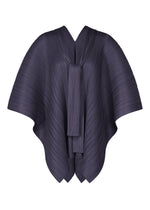 The LUCID PLEATS by PLEATS PLEASE ISSEY MIYAKE is a dark, pleated 3D cape-style garment with wide, flowing sleeves and a front scarf detail, shown against a white background. - NAVY （no.75）